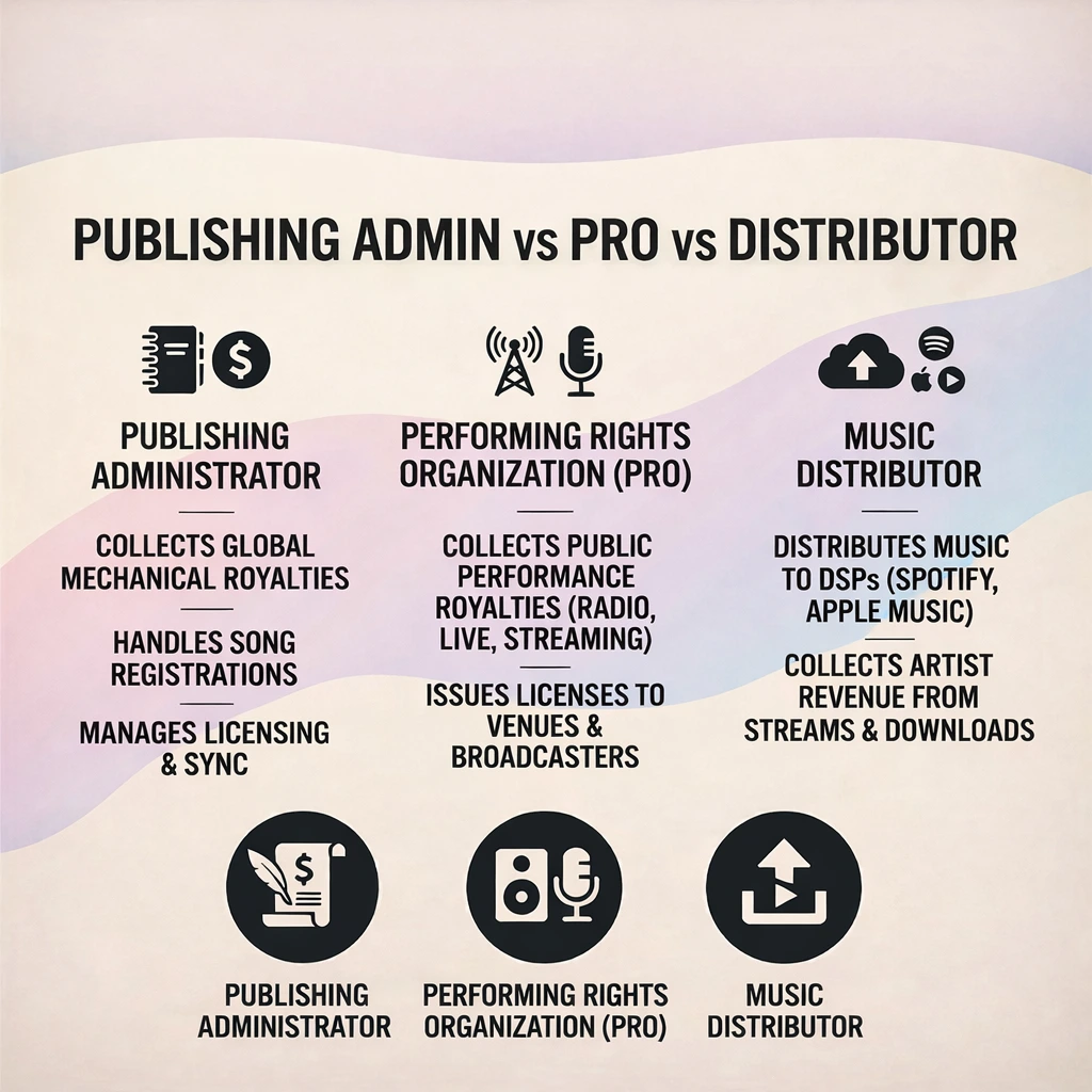 Publishing Admin vs PRO vs Music Distributor: Complete 2026 Guide for Indie Artists - Complete Guide